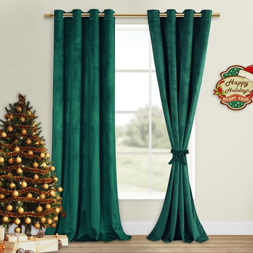 DWCN Dunkelgrüne Verdunkelungsvorhänge aus Samt, 228 cm, erfrischend, bündelbar, strapazierfähig, wärmeisoliert, geräuschabsorbierend, Fensterpaneele für Schlafzimmer/Wohnzimmer, Hintergrunddekoration
