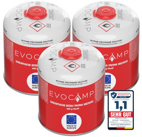 EVOCAMP Cartuccia di gas propano butano da 450g, cartuccia a vite con filettatura europea 7/16, bombola di gas a valvola da 809ml, bombolette di gas utilizzabile per griglie Weber (3X)