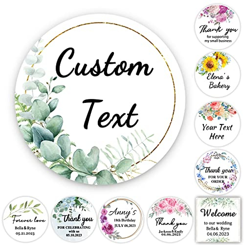 50 Personalisierte Aufkleber Runde Papieraufkleber mit Wunschtext Etiketten Blumenkranz mit Herz für Hochzeit, Taufe, Produkte, Geburtstag, Kommunion