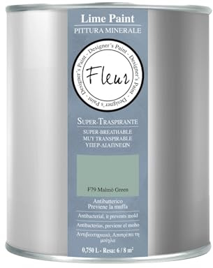 FLEUR DESIGNER'S PAINT | Pittura a Calce Antibatterica, Traspirante e Sanificante, Colore Malmo Green, a Base di Puro Grassello di Calce, Effetto Naturale, Made in Italy, 0,75 litri
