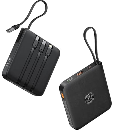 VRURC Power Bank 20000mAh mit Kabel Klein USB C Powerbank Schnelles Aufladen Mini Tragbares Ladegerät Externer Akku Klein und leicht mit 4 Ausgänge 3 Eingänge LED-Anzeige für iPhone Huawei Samsung usw