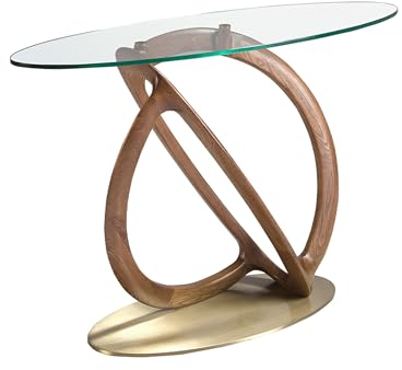 Ángel Cerdá- Consola Ovalada - Cristal Templado y Madera Nogal - Base Dorada de Acero Inoxidable - Diseño Moderno y Luminoso - Muebles de Salon - Mesa Auxiliar - Mueble Recibidor -125 x 45 x 80 cm