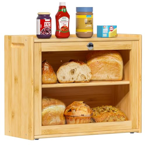 Exabang Brotkasten Bambus mit Belüftung 2 Regale Brotbox 40x31x17cm | mit Großes Sichtfenster, Brotbehälter, Brotaufbewahrung