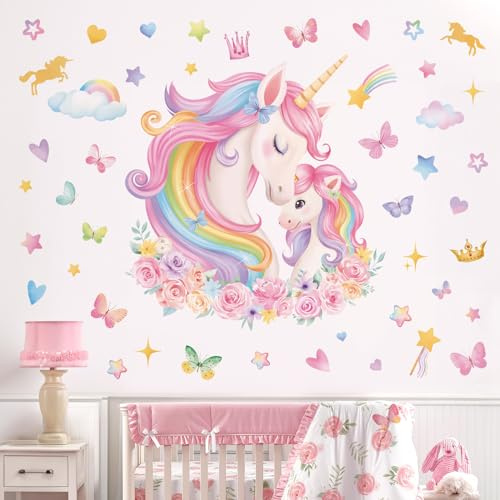 wondever Wandtattoo Einhorn Rosa Wandsticker Regenbogen Herze Schmetterling | Abziehen und Aufkleben, Abziehbar, Wandaufkleber Selbstklebend für Kinderzimmer Mädchen Babyzimmer Mädchenzimmer Wanddeko