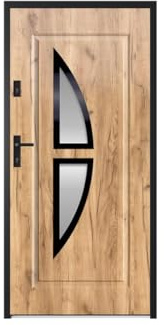 Vente-unique - Puerta de entrada de acero con vidrio y acero inoxidable H207 x L100 cm efecto roble - apertura hacia la derecha - COVAS