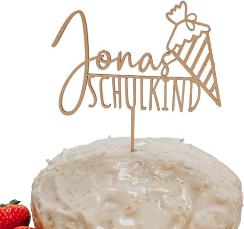 Personalisierter Cake Topper zur Einschulung mit Schulkind Namen und Schultüte aus Holz - Torten Deko zum Schulbeginn 2024 - Einschulungsfeier Kuchen Deko