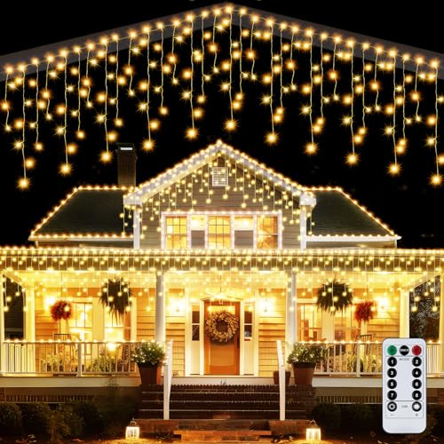 ZQEJEFD Luci Natale Esterno Cascata 10M 400 LED Tenda Luminosa Esterno Natale Prolungabile Luci di Natale Cascata, 8 Modalità IP44 Impermeabile per Natale,Tetto, Balcone, Giardino, Bianco Caldo