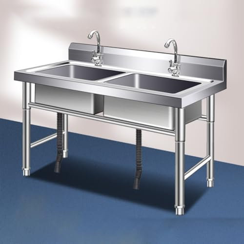 TT-YEC Edelstahl 2 Fachspüle, Doppelschüssel-Waschbecken Wasserhahn Mit Sieb, Restaurantküchenspüle, Freistehende Waschbecken Im Freien, Mehrzweckwaschbecken,140 * 70cm