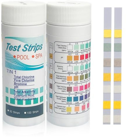 200 Strisce Reattive per Acquario, Cartina Tornasole PH, 7 in 1 Strisce Analisi Acqua, Strisce PH Piscina per Misurano Cloro Totale, Cloro Libero, Bromo, Alcalinità Totale, Durezza, Acido Cianurico