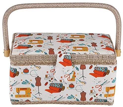 Rural Sewing Basket with Printed Cloth, Retro Rural Fabric Sewing Box, Delicate Storage Box for Small Sundries and Crafts 27.8 x 18 x 14.5cm