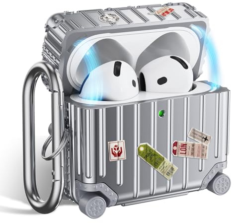 VISOOM für Airpods 4 Hülle 2024 Lustiges Koffer Design TPU Schutzhülle | Stoßfestes AirPods 4 Case mit Karabiner, Schutz Cover Zubehör für Damen Herren, LED sichtbar - Silber