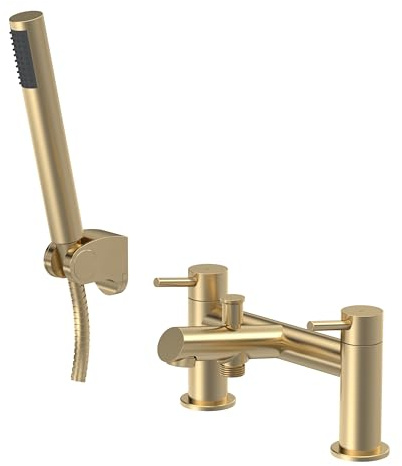 Balterley Bath Mixer Tap with Shower Kit, Dual Lever Round Bath Filler Tap, Round Head Showers for Bathrooms, Bathroom Taps with Shower Head and Hose Set - 228 x 156 x 119mm (Brushed Brass)
