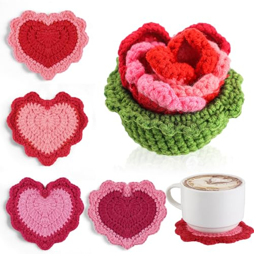 Hushee 5 Pcs Valentine's Day Coasters Valentine Coffee Bar Decor Cute Handmade Heart Crochet Coaster Set with Flower Holder Soft Table Decorative Pink Red Cup Mat Gifts for Home Desk Decoration