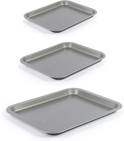 Salter Essentials 3-Piece Baking Tray Set – 31/35/41 cm Non-Stick Oven Sheets, Dishwasher Safe, Easy to Clean, Made in The UK, Durable Chip/Cookie Trays, Lightweight, Carbon Steel, PFOA-Free