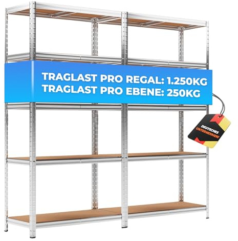 ALL Premium Schwerlastregal 2er Set 180x90x40 cm Silber - 1250kg Traglast – stabiles Regal 90 cm breit & Regal 40 cm tief geeignet als Kellerregal Metall, ideale Regale Garage & Regale für Kellerraum