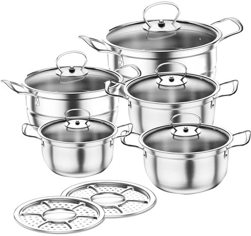 5 Pack Pots and Pans Sets Non Stick with Glass Lid,Handle,Kitchen Stainless Steel Pan Set for Cooking,Steamer Saucepan Set Cookware Pots and Pans Set Works with Induction,Electric,Gas Cooktops