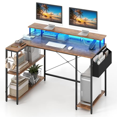 COSTWAY L-format skrivbord med uttag och LED-belysning, 120 cm hörnskrivbord med bildskärmstativ, hyllor och förvaringsväska, hörnbord, speldatorbord (rustik brun)