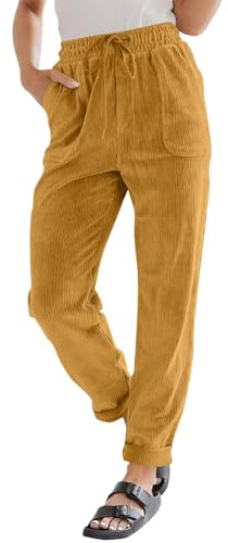shownicer Femmes Élastique Taille Velours Côtelé Pantalons Casual Taille Haute Couleur Unie Lâche Pantalon Rétro Pantalon Droit avec Poches A Jaune L