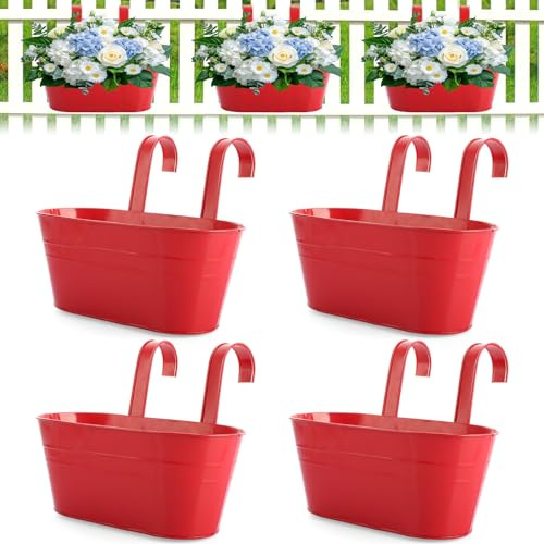 LDHHYH 4 vasi da fiori da appendere, vasi da fiori rossi da appendere, grandi vasi da appendere all'aperto per ringhiera, con gancio staccabile, vasi da fiori in metallo da appendere per recinzione