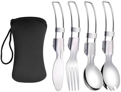 Juego de 4 cubiertos de acero inoxidable para camping, cubiertos de viaje con estuche, cubiertos plegables portátiles, tenedores, cubertería de camping, cubiertos de camping, juego de cubiertos para 1