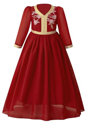 SYDUZAX Robe de Princesse Fille Musulmane Broderie Exquise Soirée Ete Robes de Mariée Filles Manches Longues Col V Vêtements Longue Ample Enfant Chic et Elegant Vacances Mignon Casual 4-8 Ans