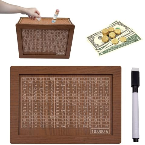 Pangutheos Salvadanaio 10000 euro, scatola risparmio legno con pennarello cancellabile, salvadanaio indicatore numerico per adulti e bambini