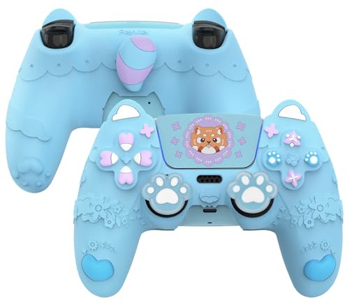 PlayVital Cute Spring Lesser Panda Silicone Cover for ps5 Controller with Joystick Cap and Sticker, Anti-Grip Shockproof Skin, Compatible with Charging Station, Heaven Blue