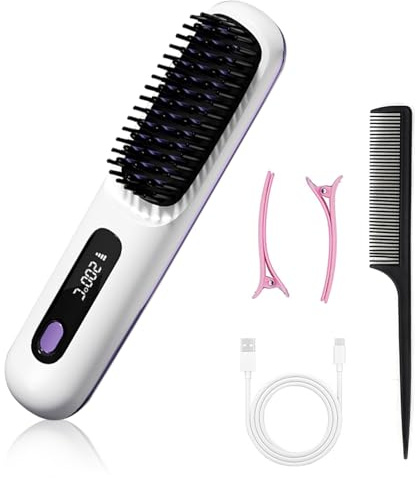 Kabellose Glättbürste, Tragbare Glättungsbürste Ionen Haarglätter, Schnelles Aufheizen Wiederaufladbare Haarglätter 3 Temps Bürste mit Ladestation für Haarstyling (Weiß)