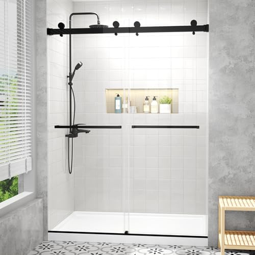 56-60 W x 76 H Frameless Shower Door, 5/16 (8mm) ANSI Certified Tempered Glass, Double Sliding Bypass, Stainless Steel, Quiet Soft-Close, Matte Black