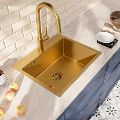 CERAMIA Timeless Évier Encastrable 55x45 cm Inox 304 | Mitigeur avec douchette extractible | Finition Or Brossé | Installation facile