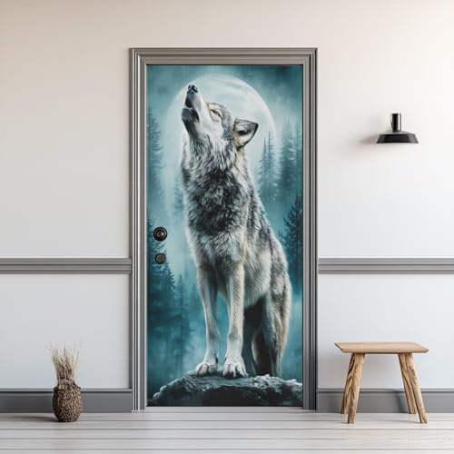 Türaufkleber Wolf, Türtapete Selbstklebend Vollmond Nebelwald, Wasserdicht Abnehmbare PVC Türposter, 100 x 200cm Türfolie Wandtattoo Deko Für Schlafzimmer Küc Innentür