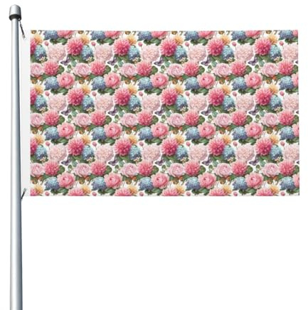 Hortensias rosas y flores de dalia, banderas de casa de patio, pancarta de felicitación de temporada de 3 x 5 pies con ojales, decoración para interiores y exteriores