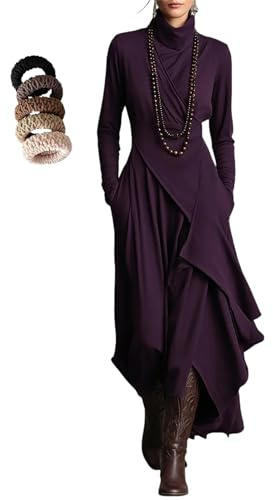 Vestido asimétrico de manga larga para mujer, de punto elástico, con volantes, cuello alto, liso, moderno, elegante, ajustado, bohemio, algodón, drapeado, maxivestido de cóctel de invierno, Morado