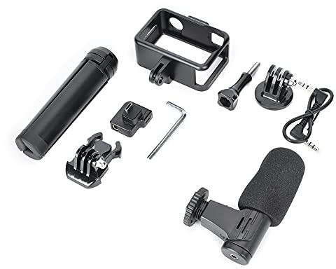 QWUUYEC Microfono 3.5mm per Sport Camera, Accessorio Selfie con Frame Protettivo in Alluminio e Treppiede Stability - Alta Sensibilità, Adattatore Audio USB C, Ideale per Riprese Esterne