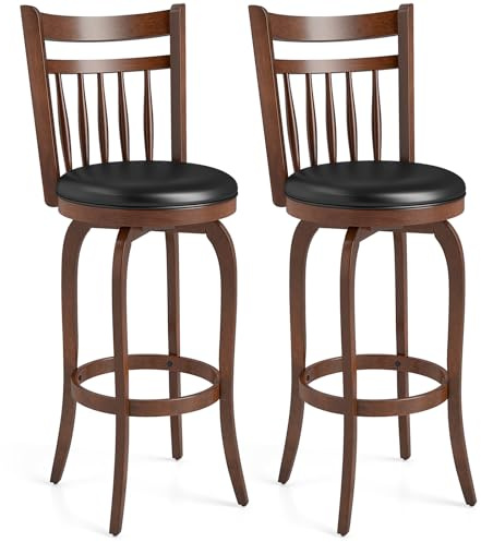 COSTWAY Bar Stools Set of 2, 30” Swivel Bar Height, Faux Leather Upholstered Barstools with Backs, Solid Wood Legs and Footrest, Kitchen Island Seat Chairs for Home Bar and Dining Room (2, 30”)