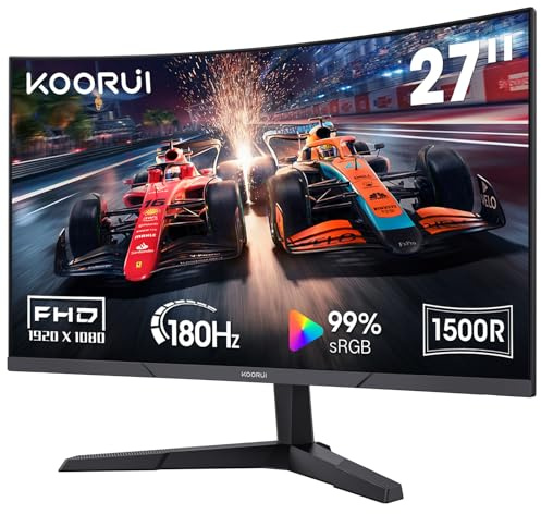 KOORUI Monitor Gaming 27 Pulgadas Curvo FHD 180Hz 1500R HDR10 Pantalla | 27E6CA 27 VA 1080p, 1ms GtG, Contraste 3000:1, Adaptive Sync, 99% sRGB, Mirador Retícula FPS,2xHDMI2.0, 1xDP1.2,VESA