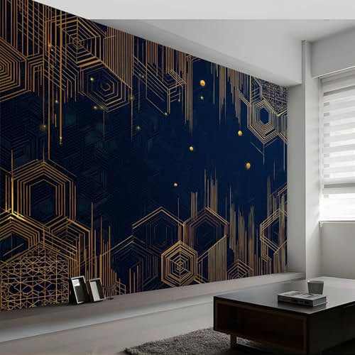 3D Wallpaper Photo Navy Blue Geometric Gold Stripes Wall Mural 350 x 256 cm, Non-Woven Art Deco Art Print Wallpaper Bedroom Decoration Wall Covering Poster Picture Design