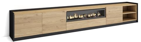 Skraut Home | Mueble TV | Muebles de salón, almacenaje | 310x50x37 cm | para televisión hasta 80 | Chimenea eléctrica | Estilo Moderno | Roble y Negro