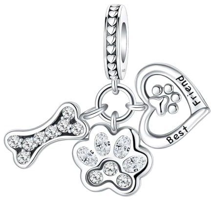 Berlock i 925 sterlingsilver med bästa vän, tassavtryck, hundben och hjärta, klar kubisk zirkonia, för armband och halsband