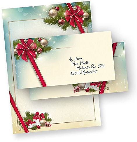 ROTE SCHLEIFE 100 Sets Briefpapier Weihnachten | Umschlag ohne Fenster, DIN A4, einseitig bedruckt, 90 g/qm, Umschläge beidseitig bedruckt mit Haftklebestreifen