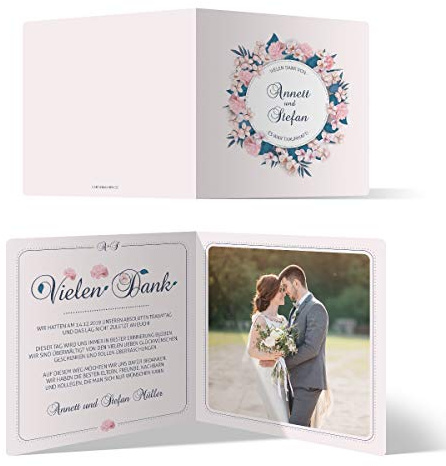 Personalisierte Hochzeit Danksagungskarten Klappkarten (ab 10 Stück, bis 100 Menge wählbar) 148x148mm Quadrat selbst gestalten mit Foto und Text - Blumen Romantik