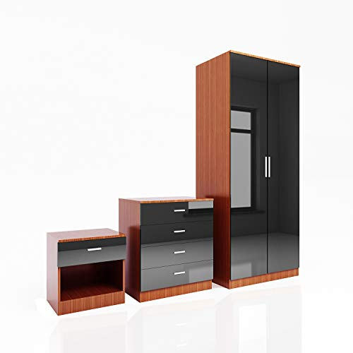 ELEGANT 3 Piece Bedroom Furniture Sets, Black-Walnut | High Gloss 2 Door Wardrobe + 4 Storage Drawer Chest + Bedside Cabinet, Soft Close Wardrobe and Chest of Drawers Set