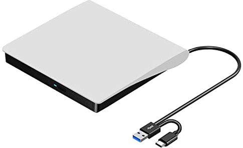 ROOFULL External CD/DVD Drive for Mac Laptop, USB 3.0 & USB-C Portable DVD CD ROM Reader Player Burner Writer Rewriter for Apple MacBook Pro/Air, iMac, Windows 11/10/ Laptop Computer, White