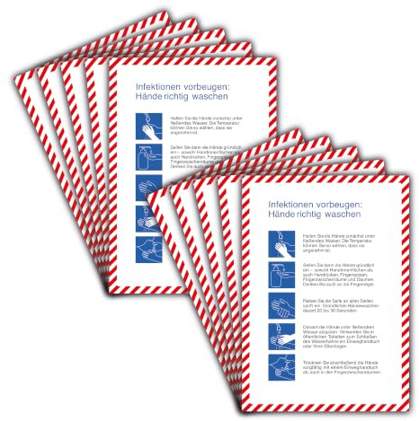 STROBO 10 Stück Aufkleber Infektionen vorbeugen als DIN A4 29,7 x 21,0 cm | Sticker mit geschlitzter Rückseite für den Innen- und Außenbereich | UV-Schutz, Wind- und Wetterfest