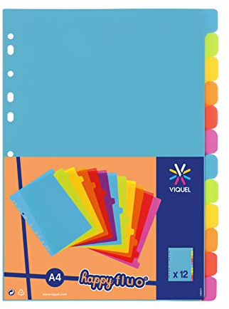 Viquel Register aus Kunststoff, A4, 21 x 29,7 cm, für A4-Ordner, Neonfarben, 12 Stück