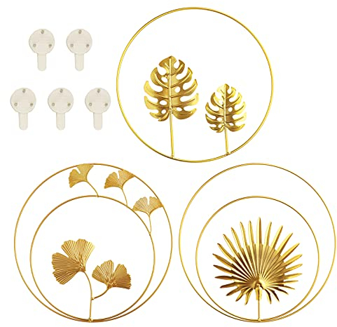 Gold Wanddeko Metall 3D Wandskulpturen 3 Pack mit 5 Bilderhaken, Ginkgo Blatt Kunst Hängen Ornament, Runde Wand Dekoration Wohnzimmer Schlafzimmer Hintergrund Wanddekoration Muttertag Geschenk