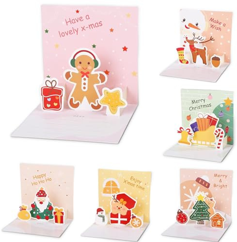 3D Weihnachtskarten Pop-Up Karte, 6 Stück 3D Karte Weihnachten Grußkarte, Weihnachtskarten Pop Up Set, 3D Weihnachten Karte mit Umschlag, Lustig 3d grußkarten weihnachten