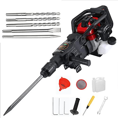 3 in 1 32cc 4-Stroke Gasoline Powered Demolition Hammer Concrete Breaker, Heavy Duty Hammer 5 Chisel Bit & 360° Swiveling Front Handle for Trenching, Chipping, Breaking Holes