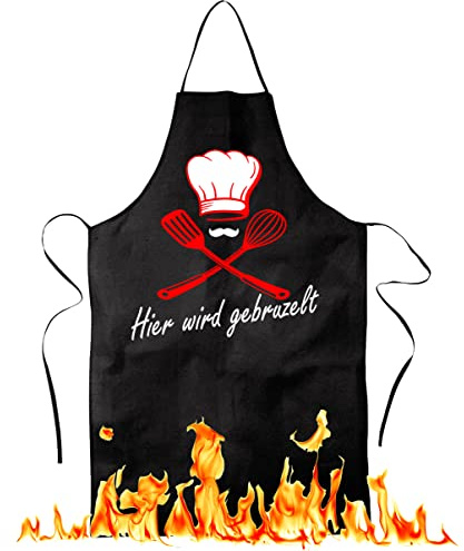 Blickfang Lustig bedruckte Schürze | Hier wird gebruzelt |Grill, BBQ | Küchenchef, Koch | Kochschürze, Latzschürze, Küchenschürze Grillschürze, Partyschürze | Geschnek, Geburtstag, Schurz (Schwarz)