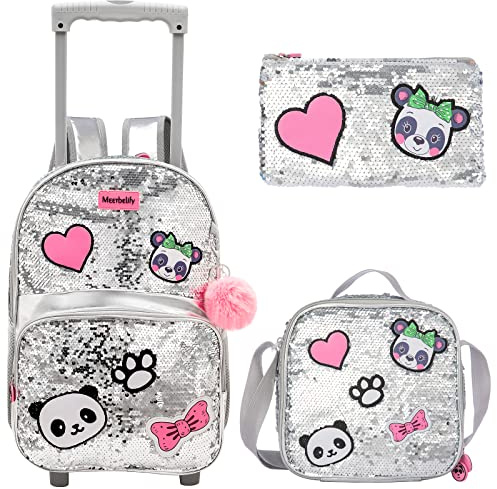Egchescebo Sac à Dos Roulette Pour Enfant Fille D'école Panda en Perles Scolaires Cartables et Trousses Grande Capacité avec Cartable Ecole Primaire Chariot Cartable de Voyage Valise 16 3PCS Argent